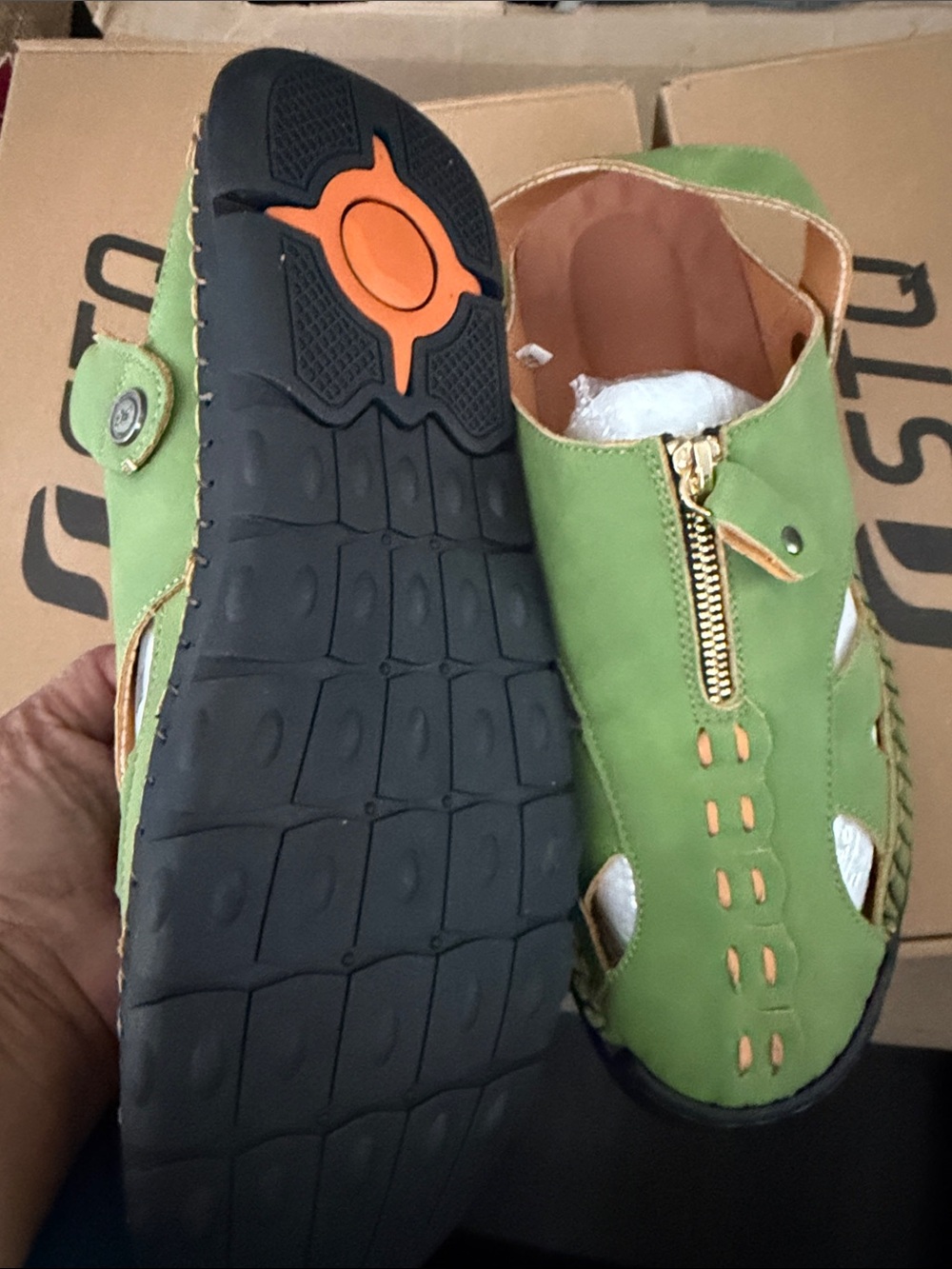 Green Zip-Front Casual Sandals